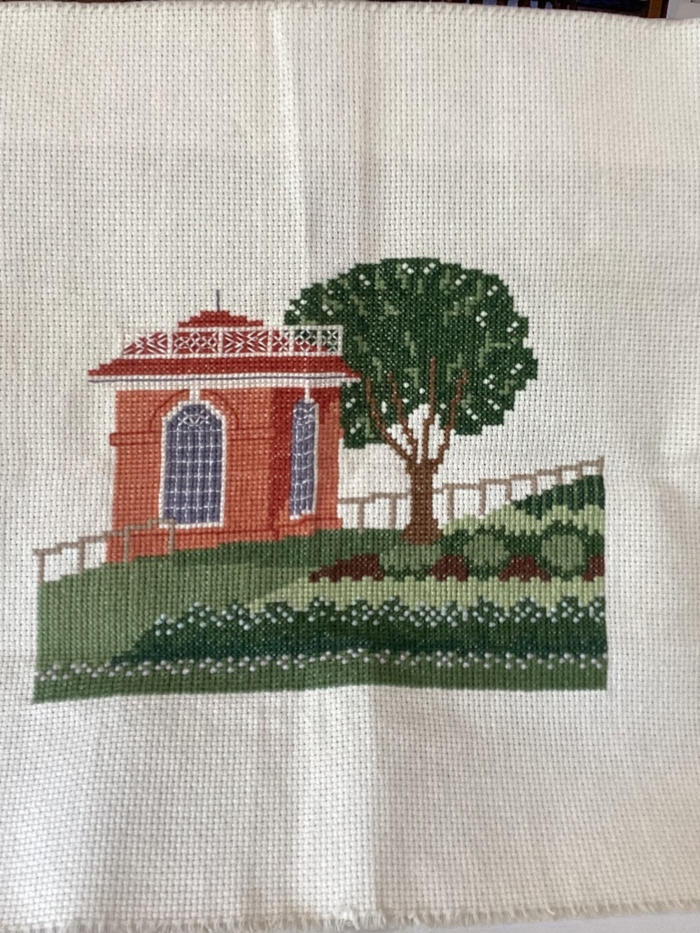 “Jefferson’s Garden Pavilion” Finished Cross Stitch
